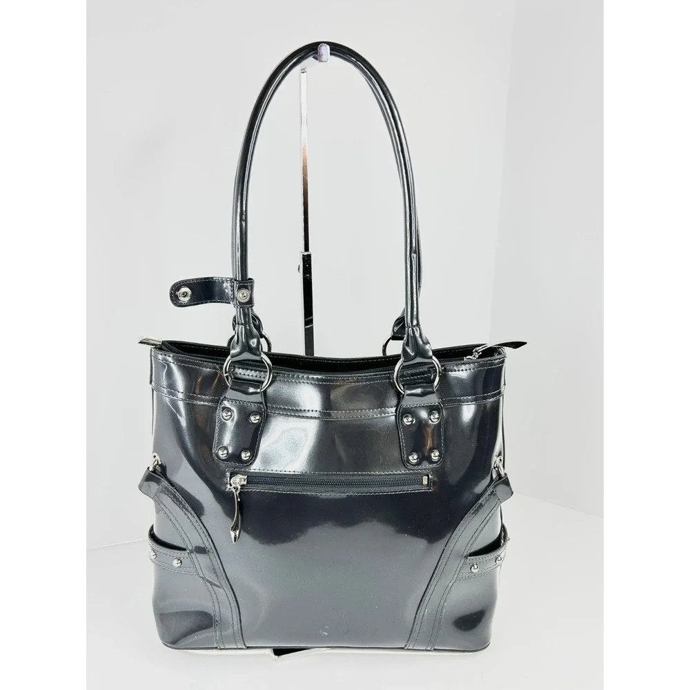 Beijo Classic Handbag Charcoal Patent Faux Leather Satchel‎ Top Handle Purse EUC